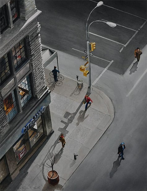 A painting of people walking on a sidewalk, by Thomas Valenti.